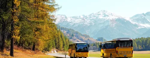 Bus fährt durch herbstliche Landschaft
